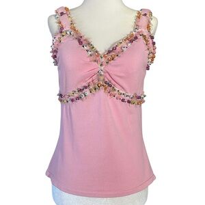 Vintage 90s Cabo Coquette Floral Beaded Sequin Embellished Tank Top Pink Medium